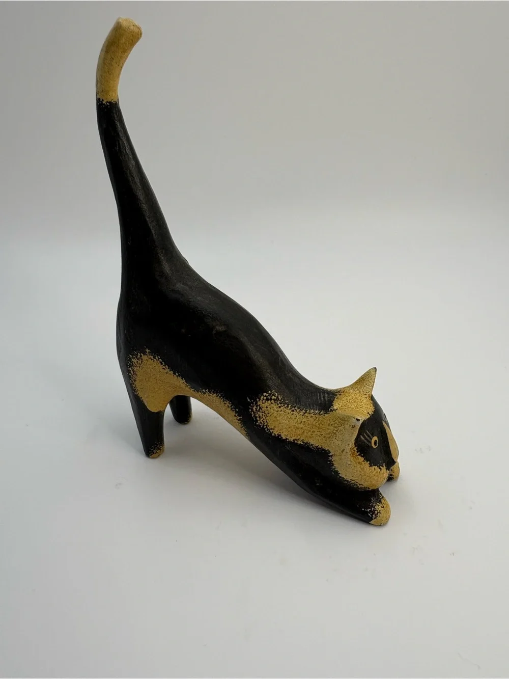 Vintage Bali Wood Hand Carved Long Tail Cat Figurine Black Cream Folk Art Decor